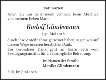 Traueranzeige von Rudolf Glindemann von Norddeutsche Rundschau