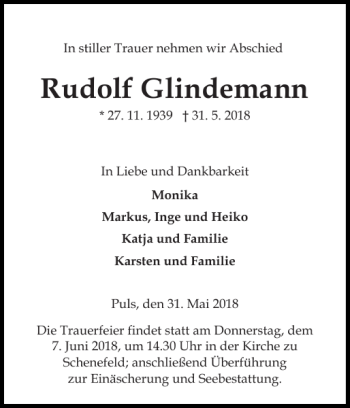 Traueranzeige von Rudolf Glindemann von Norddeutsche Rundschau