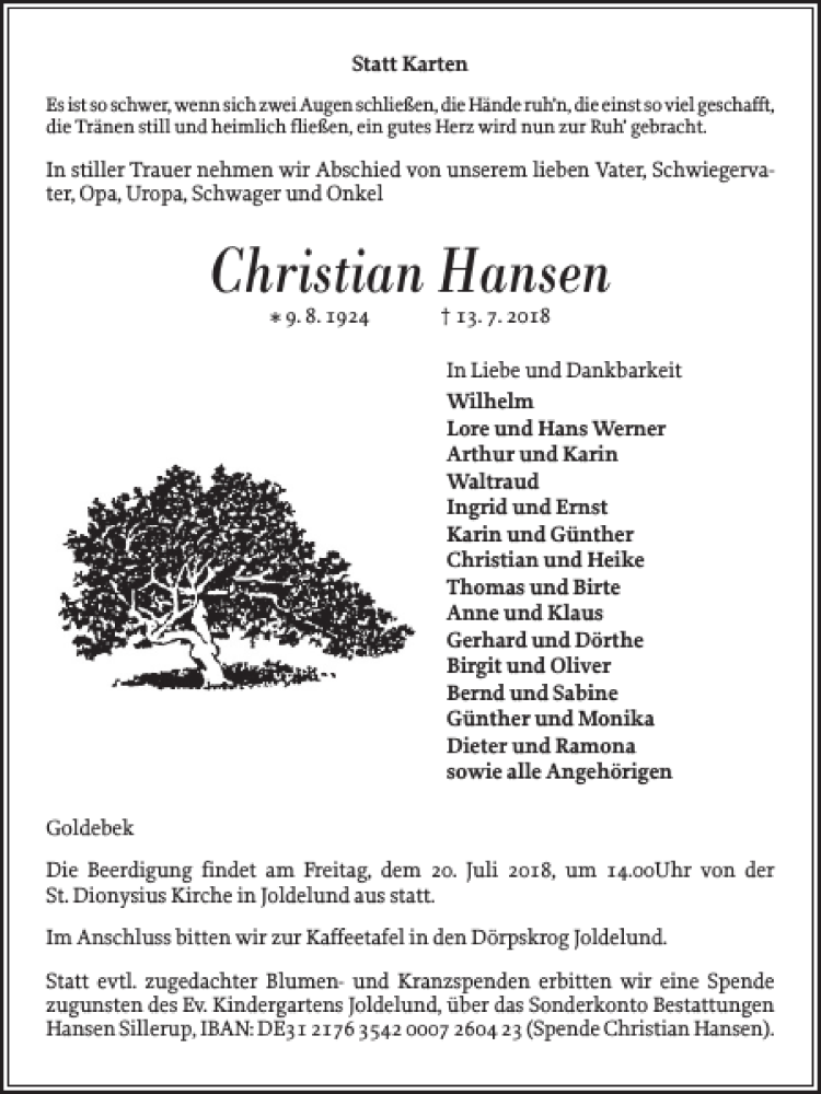  Traueranzeige für Christian Hansen vom 16.07.2018 aus Flensburger Tageblatt