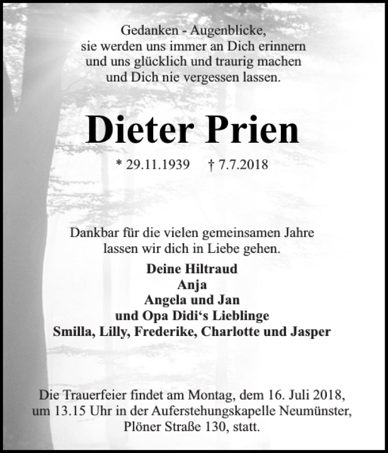 Traueranzeige für Dieter Prien vom 14.07.2018 aus Holsteinischer Courier
