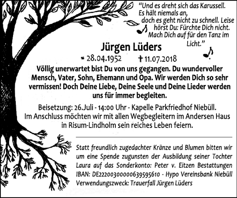  Traueranzeige für Jürgen Lüders vom 21.07.2018 aus Nordfriesland Tageblatt