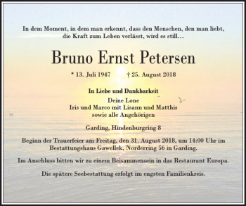 Traueranzeige von Bruno Ernst Petersen von Husumer Nachrichten