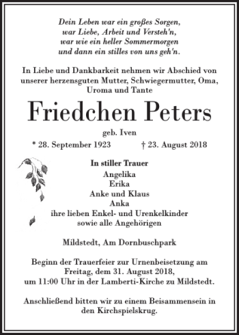 Traueranzeige von Friedchen Peters von Husumer Nachrichten