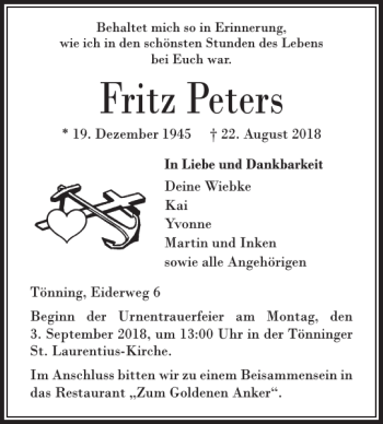 Traueranzeige von Fritz Peters von Husumer Nachrichten