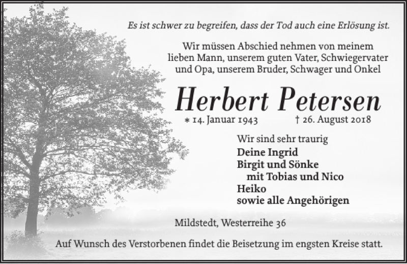  Traueranzeige für Herbert Petersen vom 29.08.2018 aus Husumer Nachrichten
