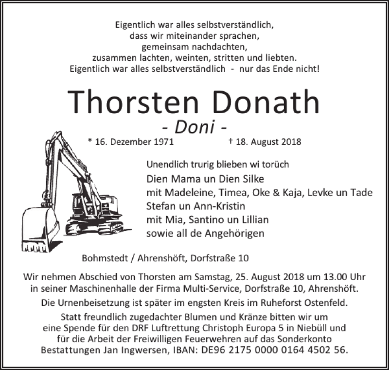  Traueranzeige für Thorsten Donath vom 22.08.2018 aus Husumer Nachrichten