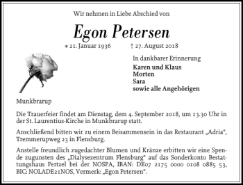 Traueranzeige von Egon Petersen von Flensburger Tageblatt