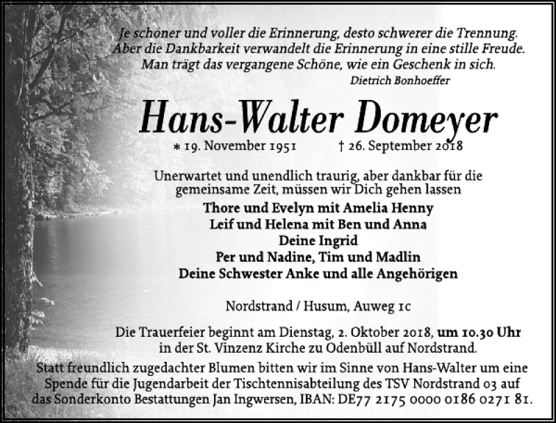  Traueranzeige für Hans-Walter Domeyer vom 29.09.2018 aus Husumer Nachrichten