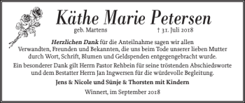 Traueranzeige von Käthe Marie Petersen von Husumer Nachrichten