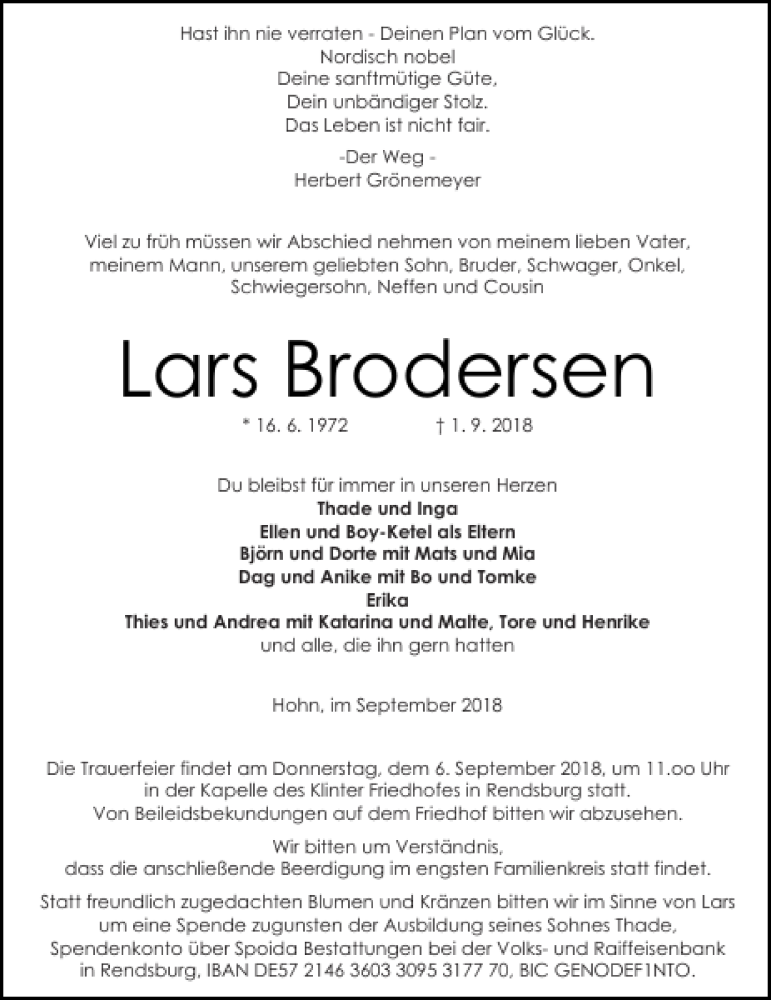  Traueranzeige für Lars Brodersen vom 04.09.2018 aus Landeszeitung