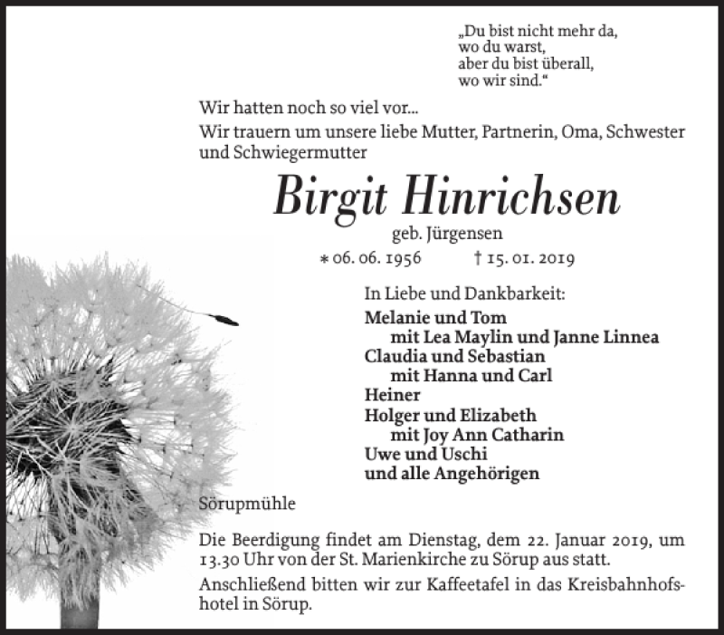  Traueranzeige für Birgit Hinrichsen vom 19.01.2019 aus Flensburger Tageblatt