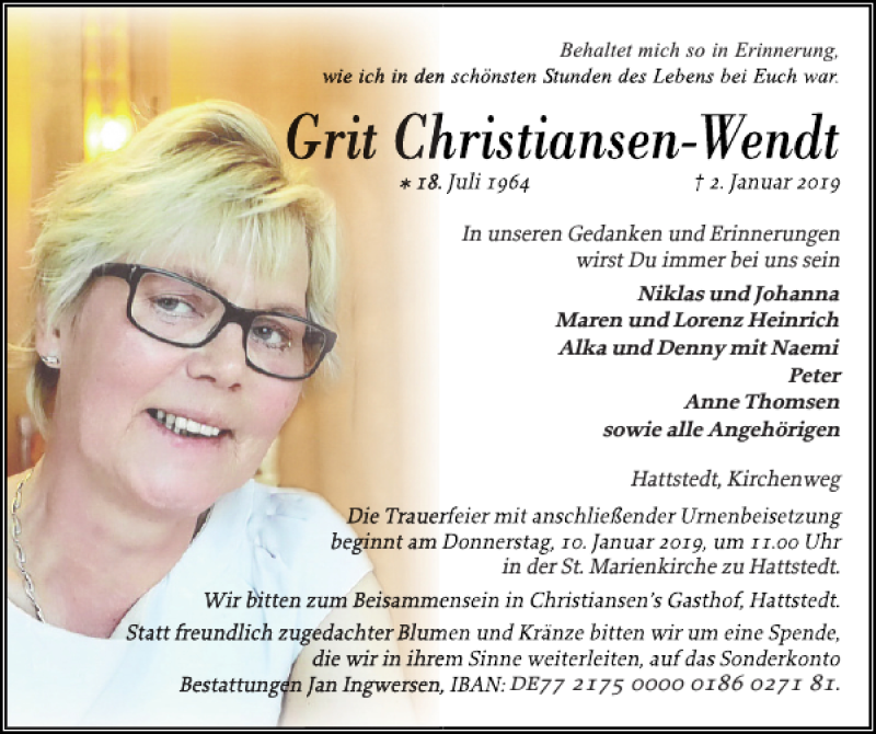  Traueranzeige für Grit Christiansen-Wendt vom 05.01.2019 aus Husumer Nachrichten