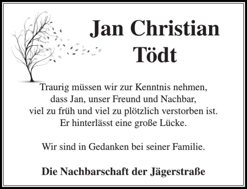  Traueranzeige für Jan Christian Tödt vom 05.01.2019 aus Stormarner Tageblatt
