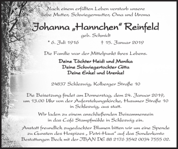 Traueranzeige von Johanna Hannchen Reinfeld von Schleswiger Nachrichten