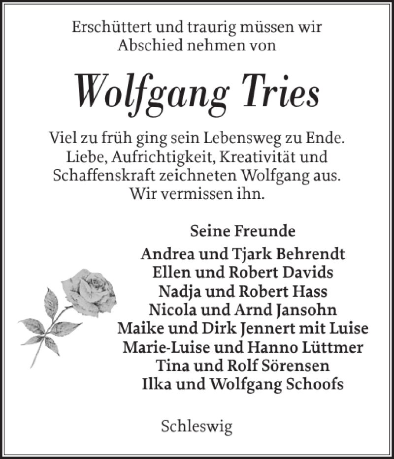  Traueranzeige für Wolfgang Tries vom 31.01.2019 aus Schleswiger Nachrichten