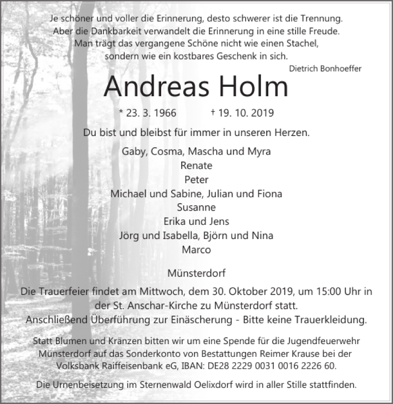  Traueranzeige für Andreas Holm vom 23.10.2019 aus Norddeutsche Rundschau