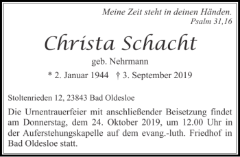 Traueranzeige von Christa Schacht von Stormarner Tageblatt