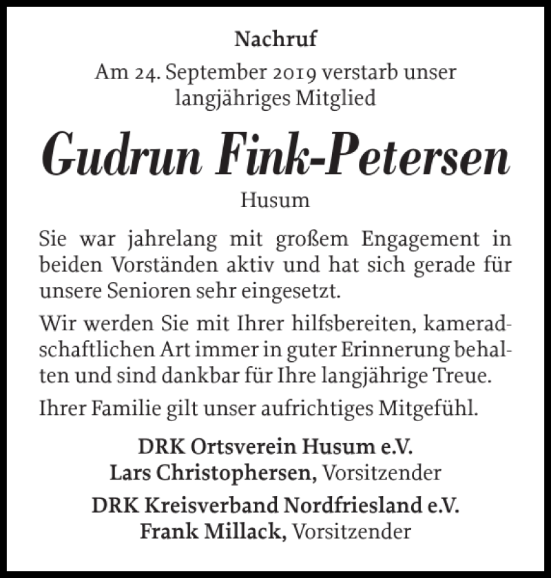 Traueranzeige für Gudrun Fink-Petersen vom 08.10.2019 aus Husumer Nachrichten