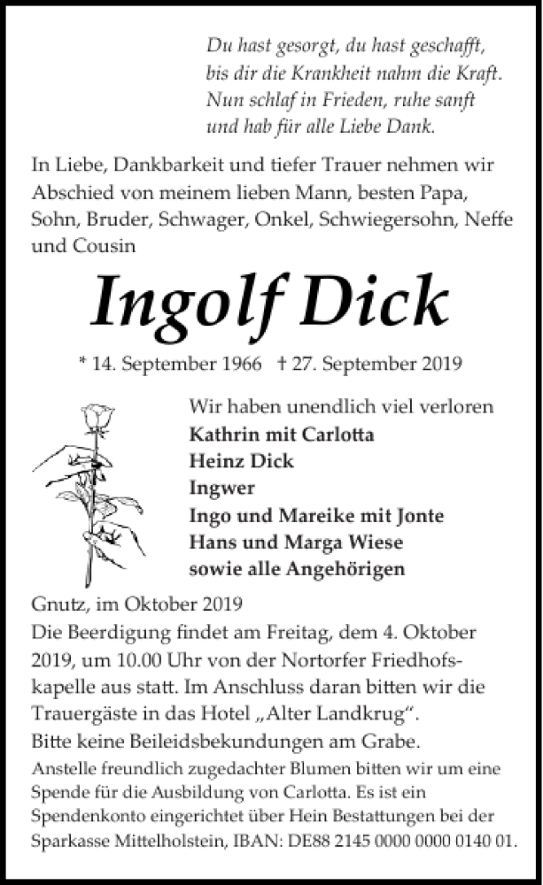  Traueranzeige für Ingolf Dick vom 01.10.2019 aus Landeszeitung