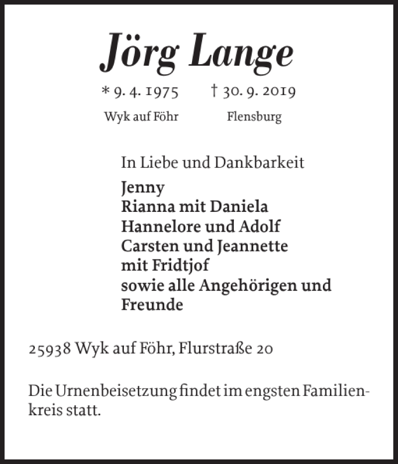  Traueranzeige für Jörg Lange vom 05.10.2019 aus Der Insel-Bote