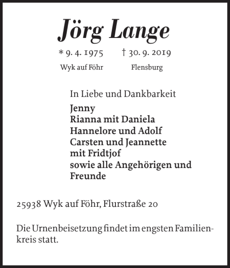  Traueranzeige für Jörg Lange vom 05.10.2019 aus Flensburger Tageblatt