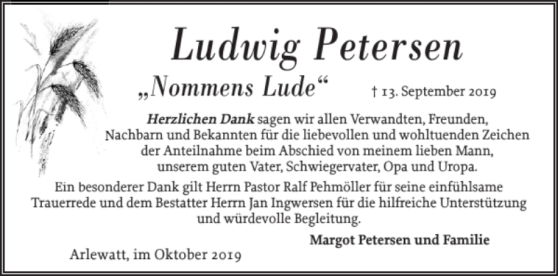  Traueranzeige für Ludwig Petersen vom 11.10.2019 aus Husumer Nachrichten