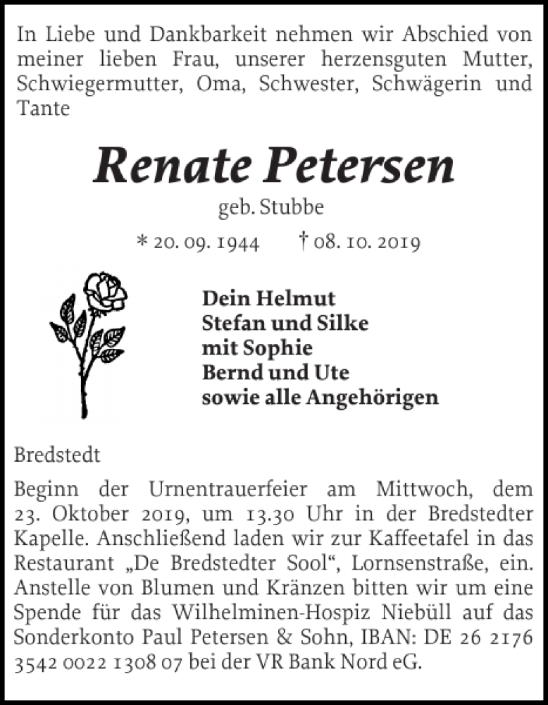  Traueranzeige für Renate Petersen vom 11.10.2019 aus Husumer Nachrichten