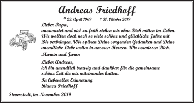  Traueranzeige für Andreas Friedhoff vom 09.11.2019 aus Flensburger Tageblatt