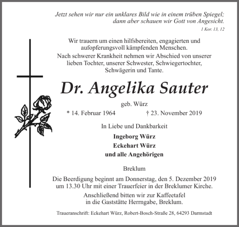  Traueranzeige für Dr. Angelika Sauter vom 30.11.2019 aus Husumer Nachrichten