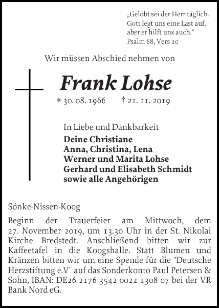  Traueranzeige für Frank Lohse vom 23.11.2019 aus Husumer Nachrichten