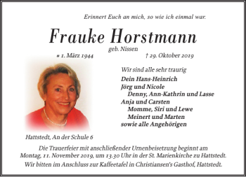 Traueranzeige von Frauke Horstmann von Husumer Nachrichten