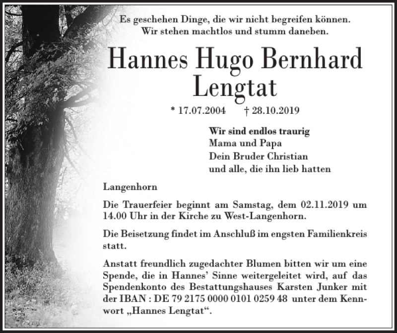  Traueranzeige für Hannes Hugo Bernhard Lengtat vom 01.11.2019 aus Husumer Nachrichten