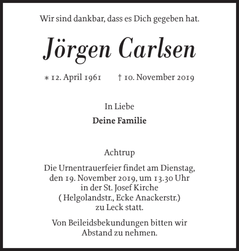  Traueranzeige für Jörgen Carlsen vom 13.11.2019 aus Nordfriesland Tageblatt