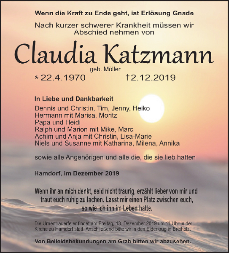  Traueranzeige für Claudia Katzmann vom 07.12.2019 aus Landeszeitung