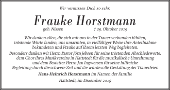 Traueranzeige von Frauke Horstmann von Husumer Nachrichten