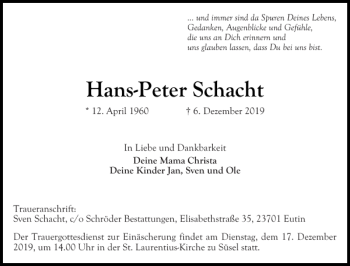 Traueranzeige von Hans-Peter Schacht von Ostholsteiner Anzeiger