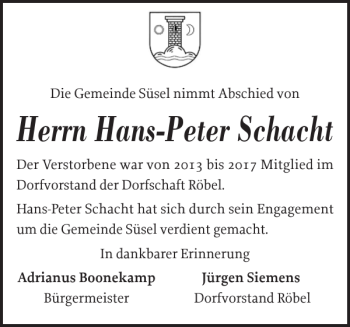 Traueranzeige von Hans-Peter Schacht von Ostholsteiner Anzeiger