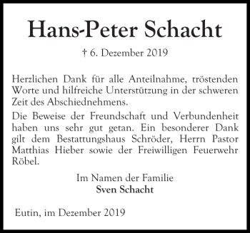 Traueranzeige von Hans-Peter Schacht von Ostholsteiner Anzeiger