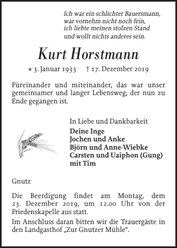 Traueranzeige von Kurt Horstmann von Landeszeitung