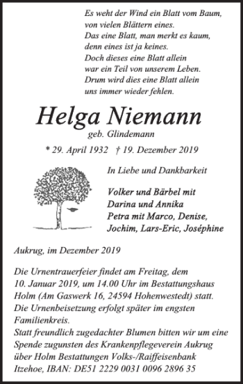 Traueranzeige von geb. Glindemann von Landeszeitung