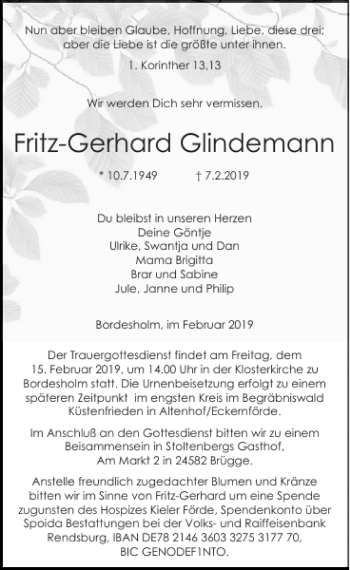 Traueranzeige von Fritz-Gerhard Glindemann von Landeszeitung