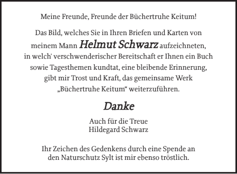  Traueranzeige für Helmut Schwarz vom 16.02.2019 aus Sylter Rundschau