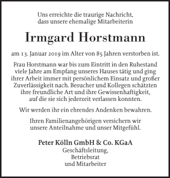 Traueranzeige von Irmgard Horstmann von Elmshorner Nachrichten
