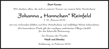 Traueranzeige von Johanna Reinfeld von Schleswiger Nachrichten