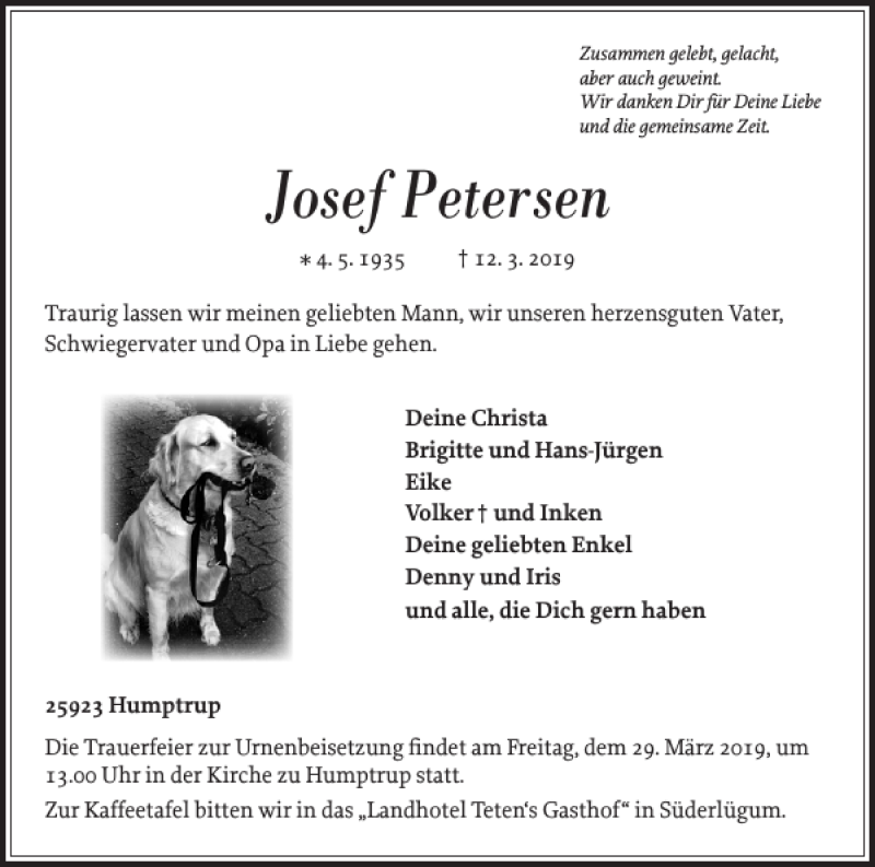  Traueranzeige für Josef Petersen vom 23.03.2019 aus Nordfriesland Tageblatt