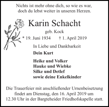 Traueranzeige von Karin Schacht von Stormarner Tageblatt