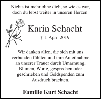Traueranzeige von Karin Schacht von Stormarner Tageblatt