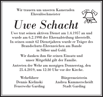 Traueranzeige von Uwe Schacht von Husumer Nachrichten