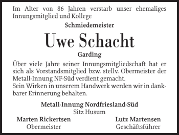 Traueranzeige von Uwe Schacht von Husumer Nachrichten