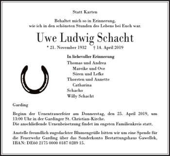 Traueranzeige von Uwe Ludwig Schacht von Husumer Nachrichten